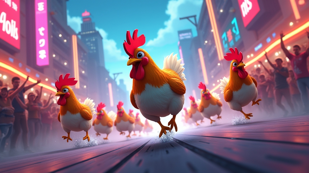 Chicken avatars racing in a neon city landscape.