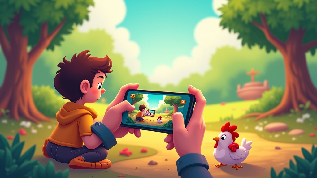 Gamer enjoying chicken app on a smartphone in a lively setting.